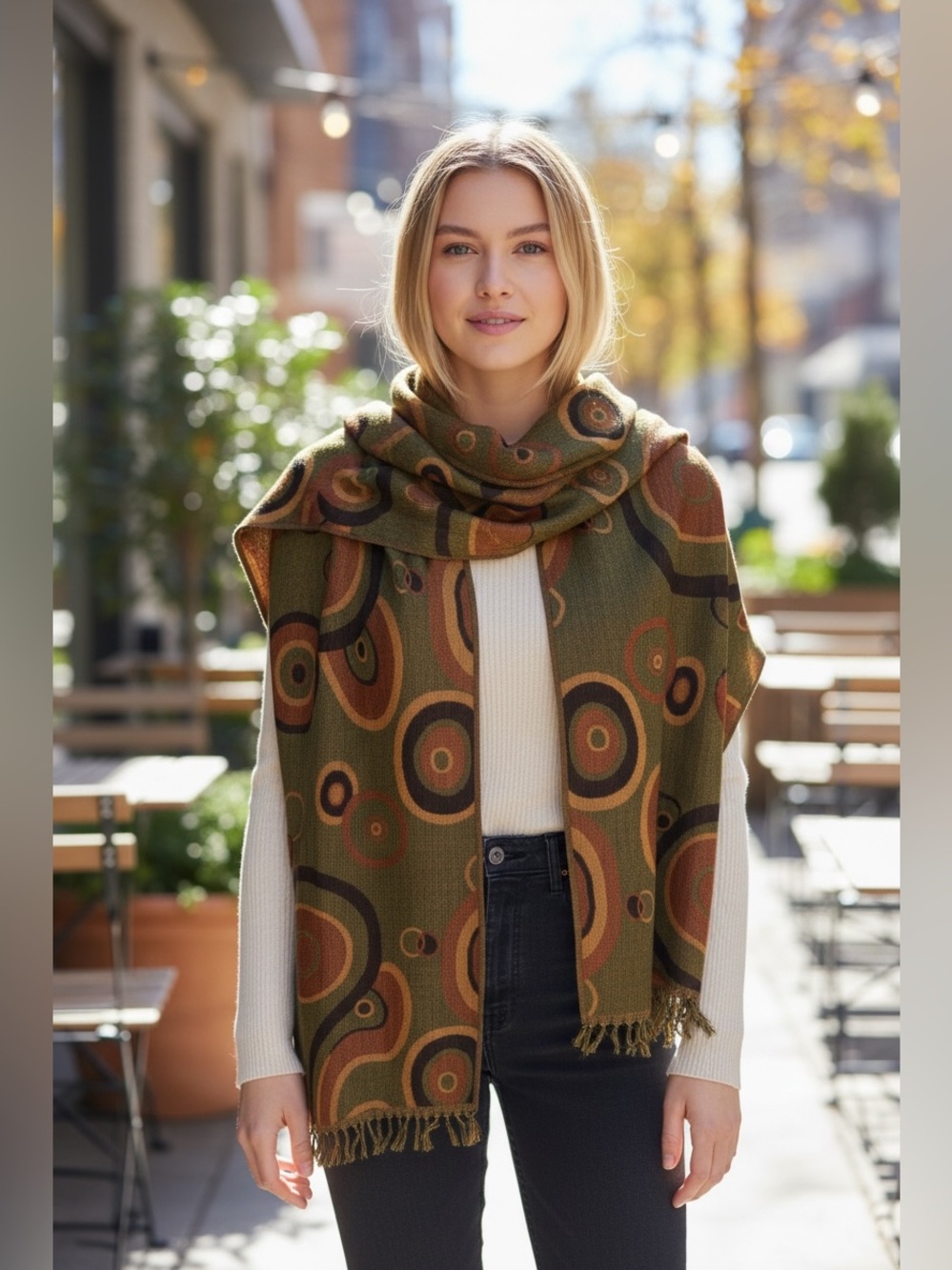 Pashmina Scarf Wrap Shawl Heather Black with Colored Circles 28”x 74”  Unisex